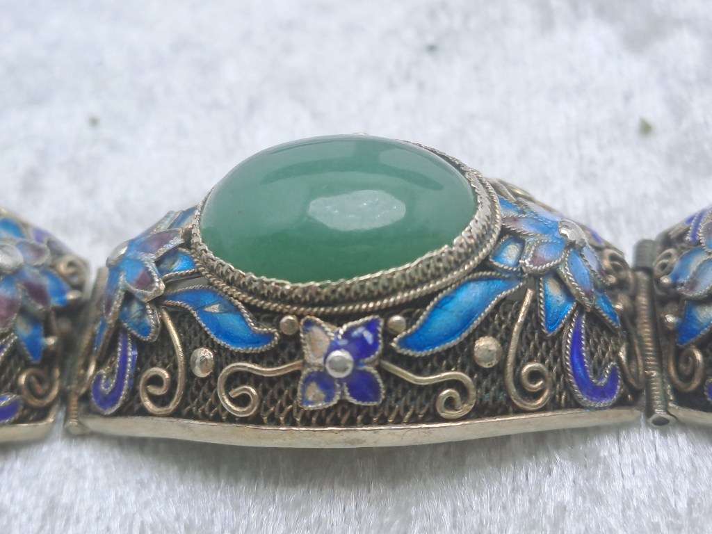 Vintage 1960`s Silver Bracelet and Earing set Gold Plated EnamelGreen Jade Flower Decor.