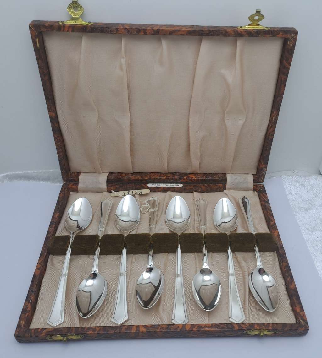 8pc Vintage Angora Silver Plate E.P.N.S TeaSpoon Set -Boxed-England