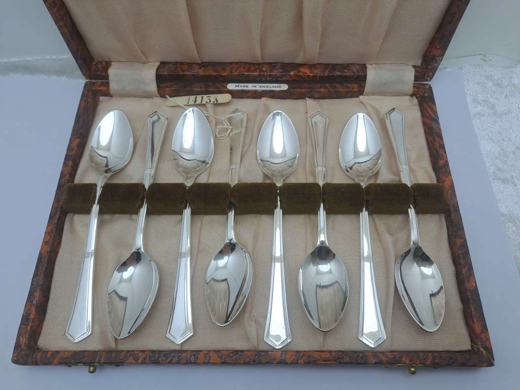 8pc Vintage Angora Silver Plate E.P.N.S TeaSpoon Set -Boxed-England