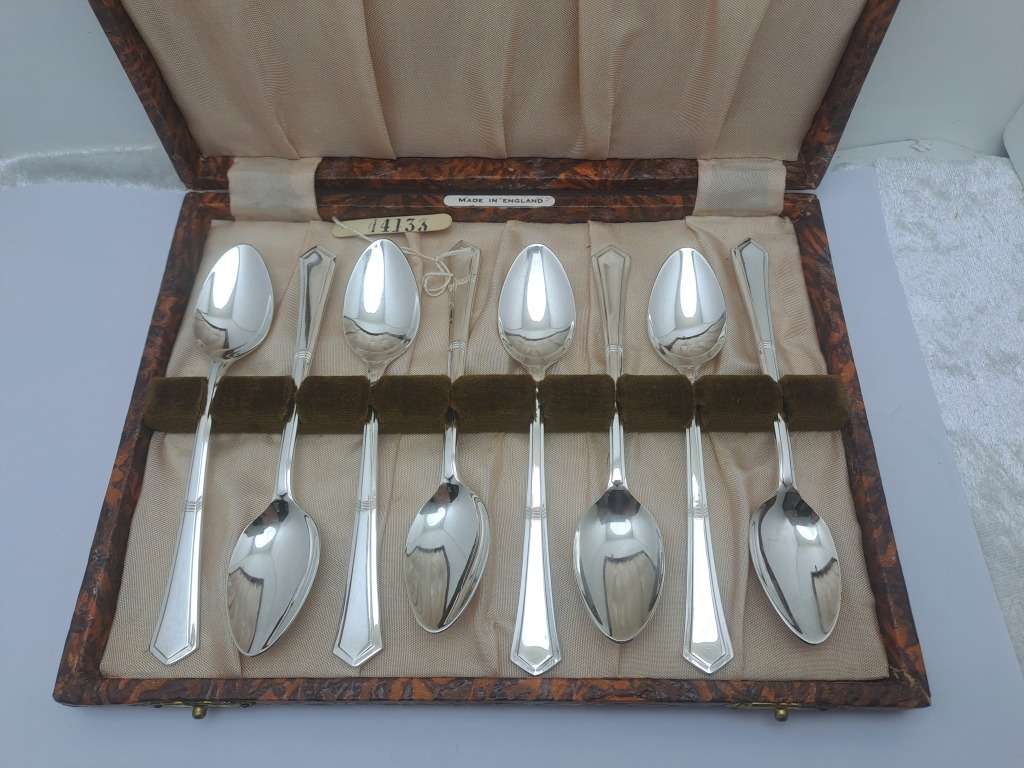 8pc Vintage Angora Silver Plate E.P.N.S TeaSpoon Set -Boxed-England