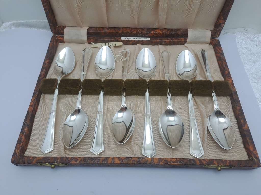 8pc Vintage Angora Silver Plate E.P.N.S TeaSpoon Set -Boxed-England
