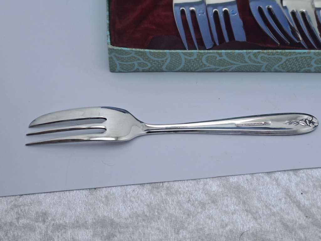 6pc Vintage Angora Best Electro Silver Plate E.P.N.S Cake Fork Set -Boxed