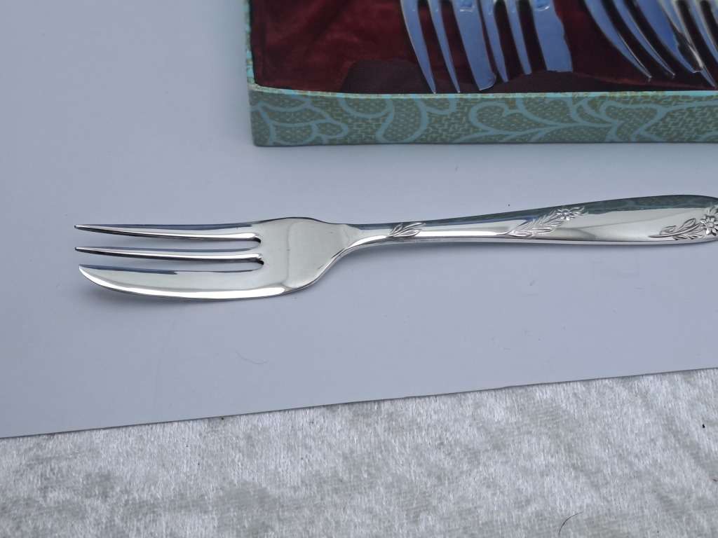 6pc Vintage Angora Best Electro Silver Plate E.P.N.S Cake Fork Set -Boxed