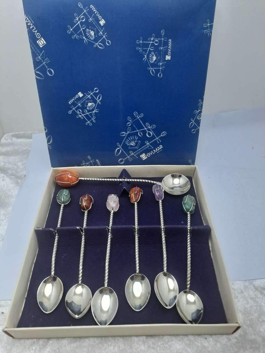 Set of 7 Vintage BARASCH SYLMAR Spoons.  Silver Plated Polished Gemstone Handle-Brazil