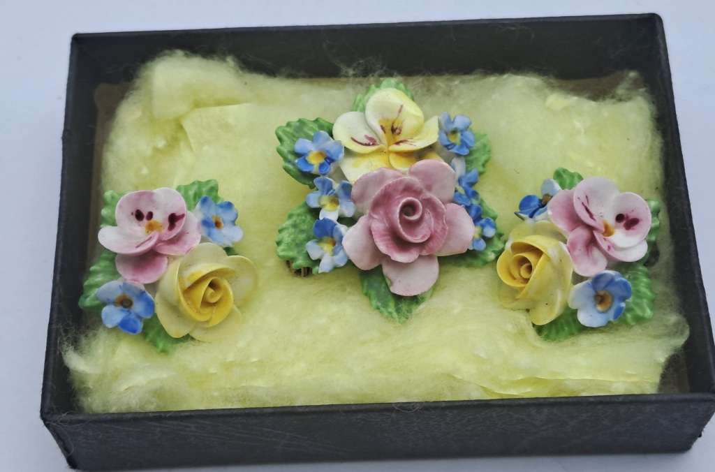 Vintage Denton Floral Brooch and Earings set -Made in England