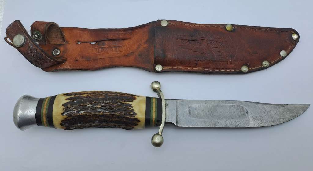 Vintage Hubertus Solingen Germany Hunting Knife Stag Horn Handle - with Leather Sheath 22,5cm