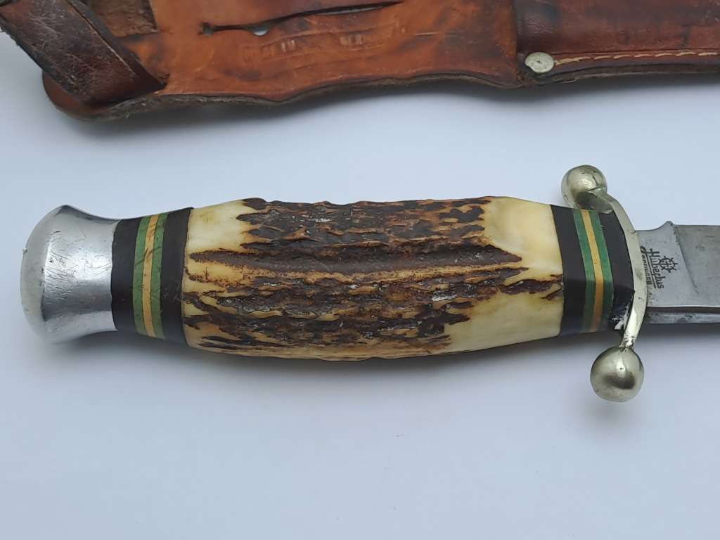 Vintage Hubertus Solingen Germany Hunting Knife Stag Horn Handle - with Leather Sheath 22,5cm