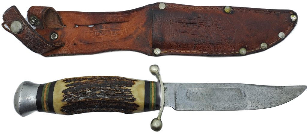 Vintage Hubertus Solingen Germany Hunting Knife Stag Horn Handle - with Leather Sheath 22,5cm