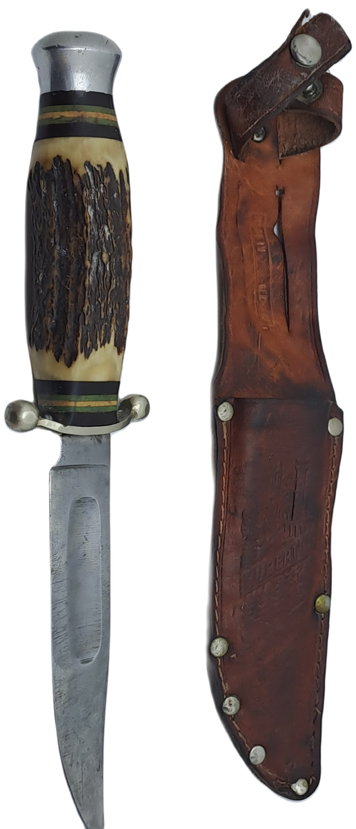 Vintage Hubertus Solingen Germany Hunting Knife Stag Horn Handle - with Leather Sheath 22,5cm