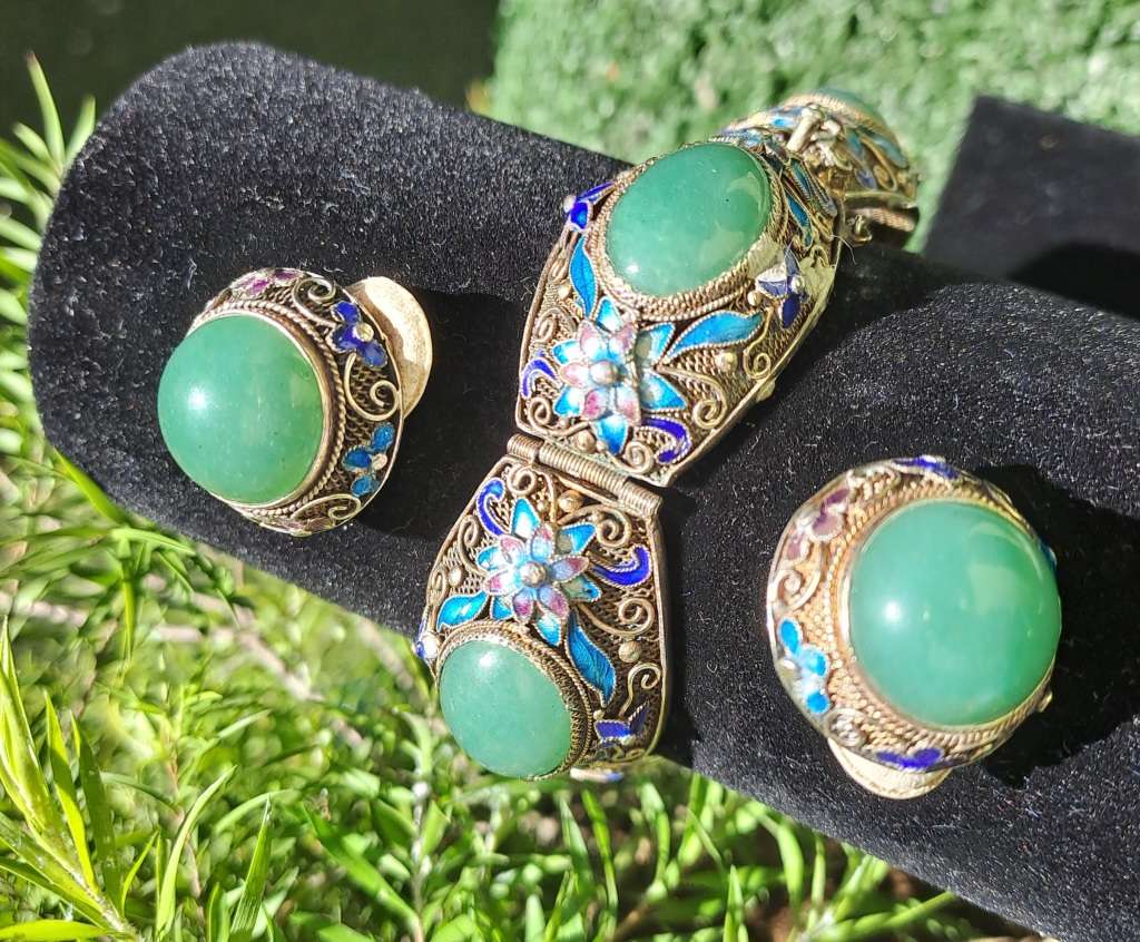 Vintage 1960`s Silver Bracelet and Earing set Gold Plated EnamelGreen Jade Flower Decor.