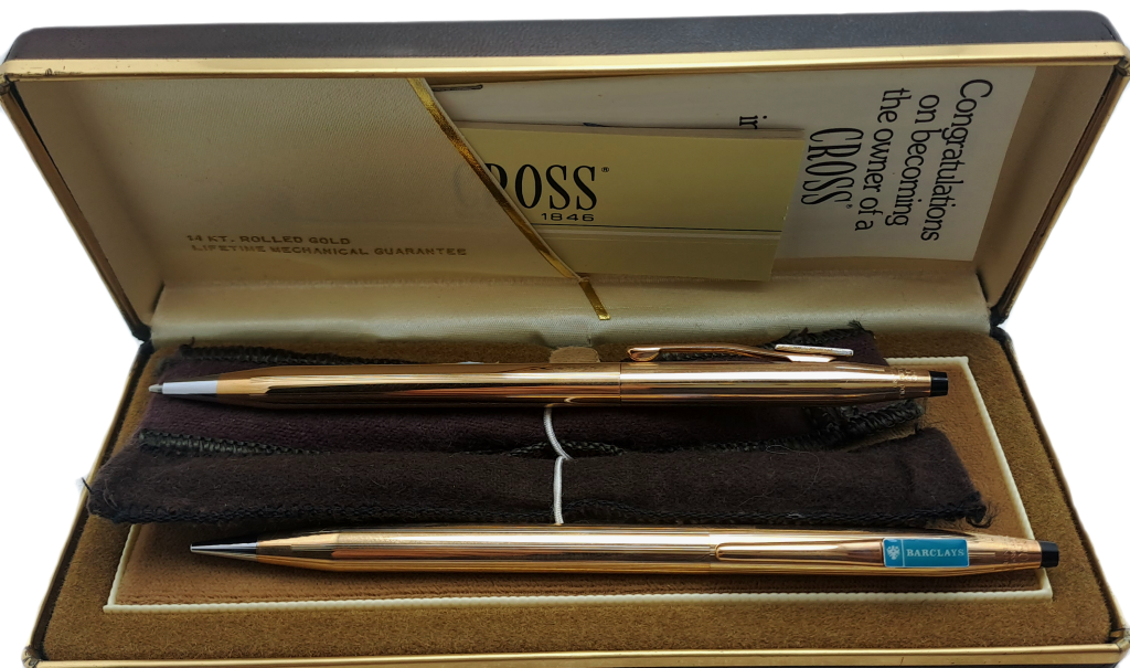 Vintage Cross 1/20 14kt Rolled Gold Pen and Pencil set -In Case - Barclays Branded