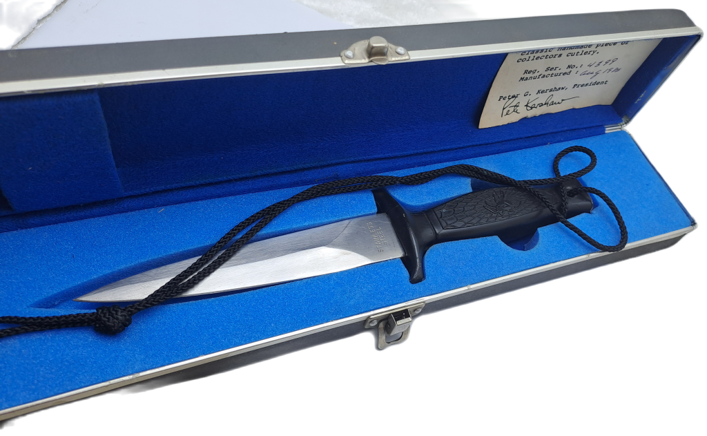 Vintage Metal Kershaw Knife Case with an Unknown Combat Knife