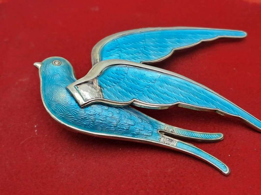 Vintage Designer 1950`s Norway Sterling 925 BLUE BIRD Brooch (Enamel have some damage)