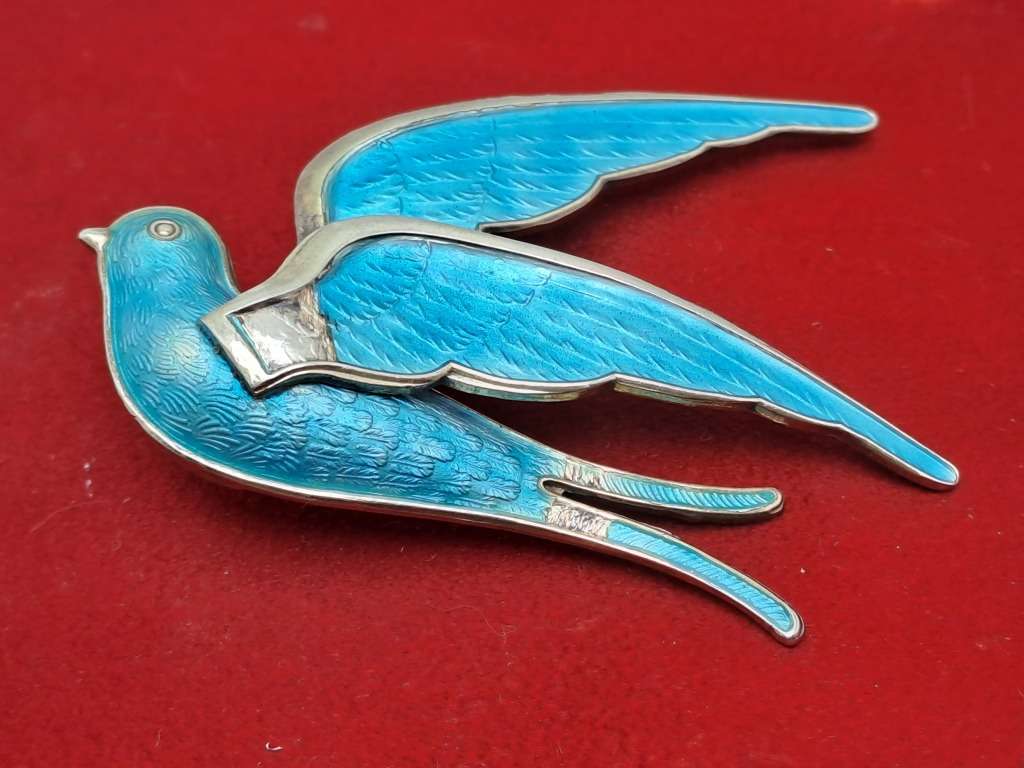 Vintage Designer 1950`s Norway Sterling 925 BLUE BIRD Brooch (Enamel have some damage)