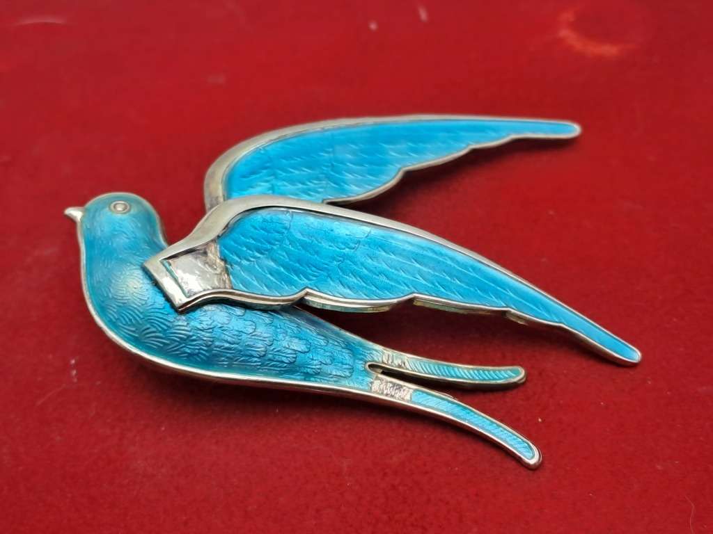 Vintage Designer 1950`s Norway Sterling 925 BLUE BIRD Brooch (Enamel have some damage)