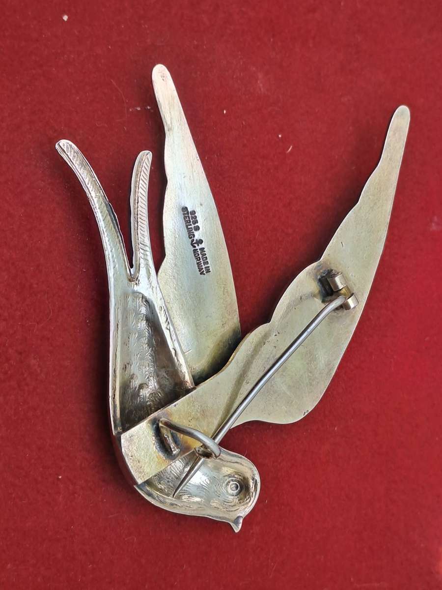 Vintage Designer 1950`s Norway Sterling 925 BLUE BIRD Brooch (Enamel have some damage)