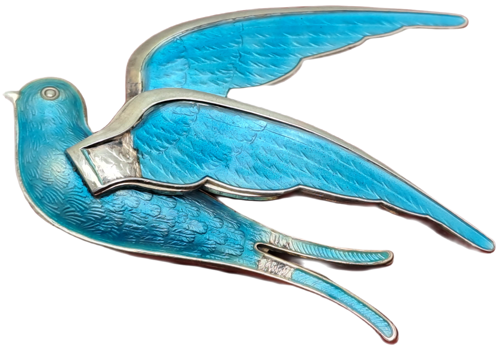 Vintage Designer 1950`s Norway Sterling 925 BLUE BIRD Brooch (Enamel have some damage)