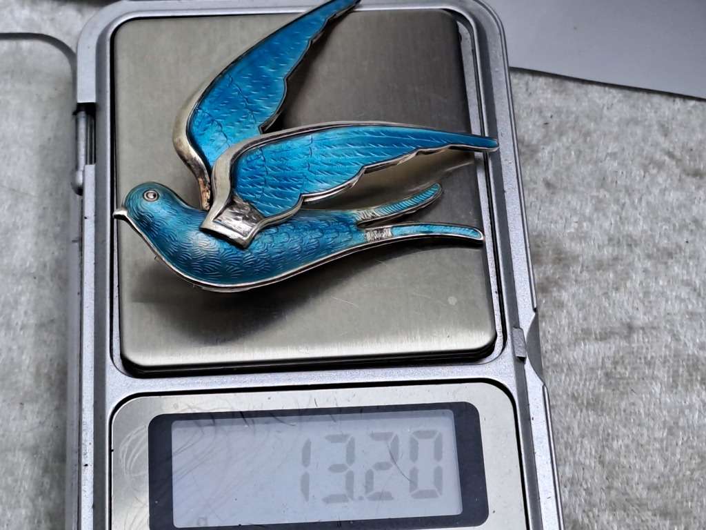 Vintage Designer 1950`s Norway Sterling 925 BLUE BIRD Brooch (Enamel have some damage)