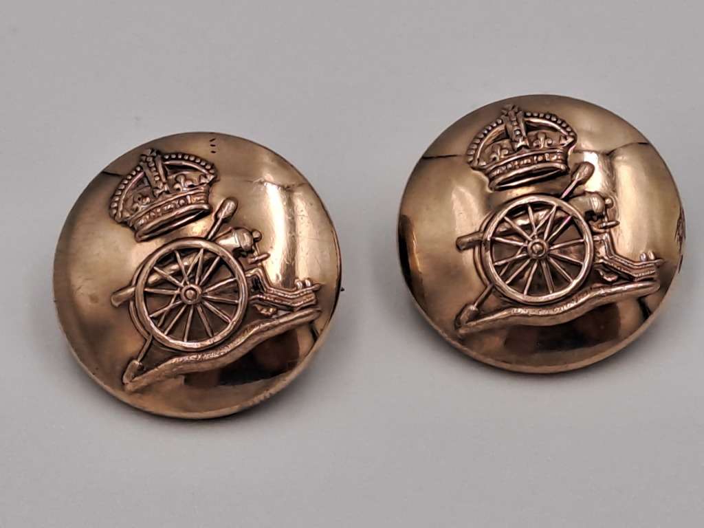 2 Original WW1 Royal Artillery Regiment Tunic Buttons- 26mm-one is missing the pin