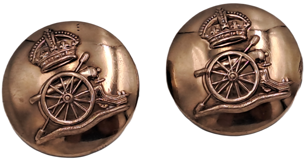 2 Original WW1 Royal Artillery Regiment Tunic Buttons- 26mm-one is missing the pin