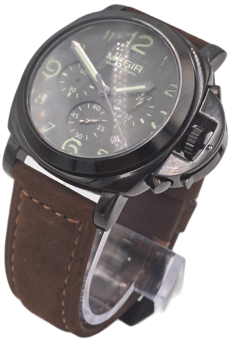 Megir Mens Quartz watch with Leather strap -Large Face-Working