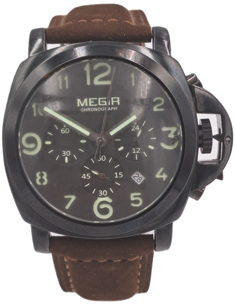 Megir Mens Quartz watch with Leather strap -Large Face-Working