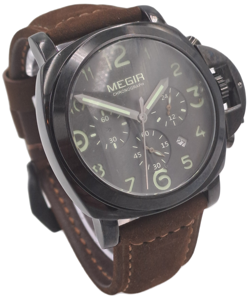 Megir Mens Quartz watch with Leather strap -Large Face-Working