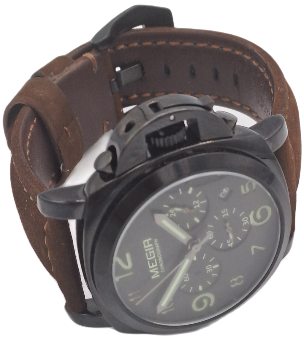 Megir Mens Quartz watch with Leather strap -Large Face-Working