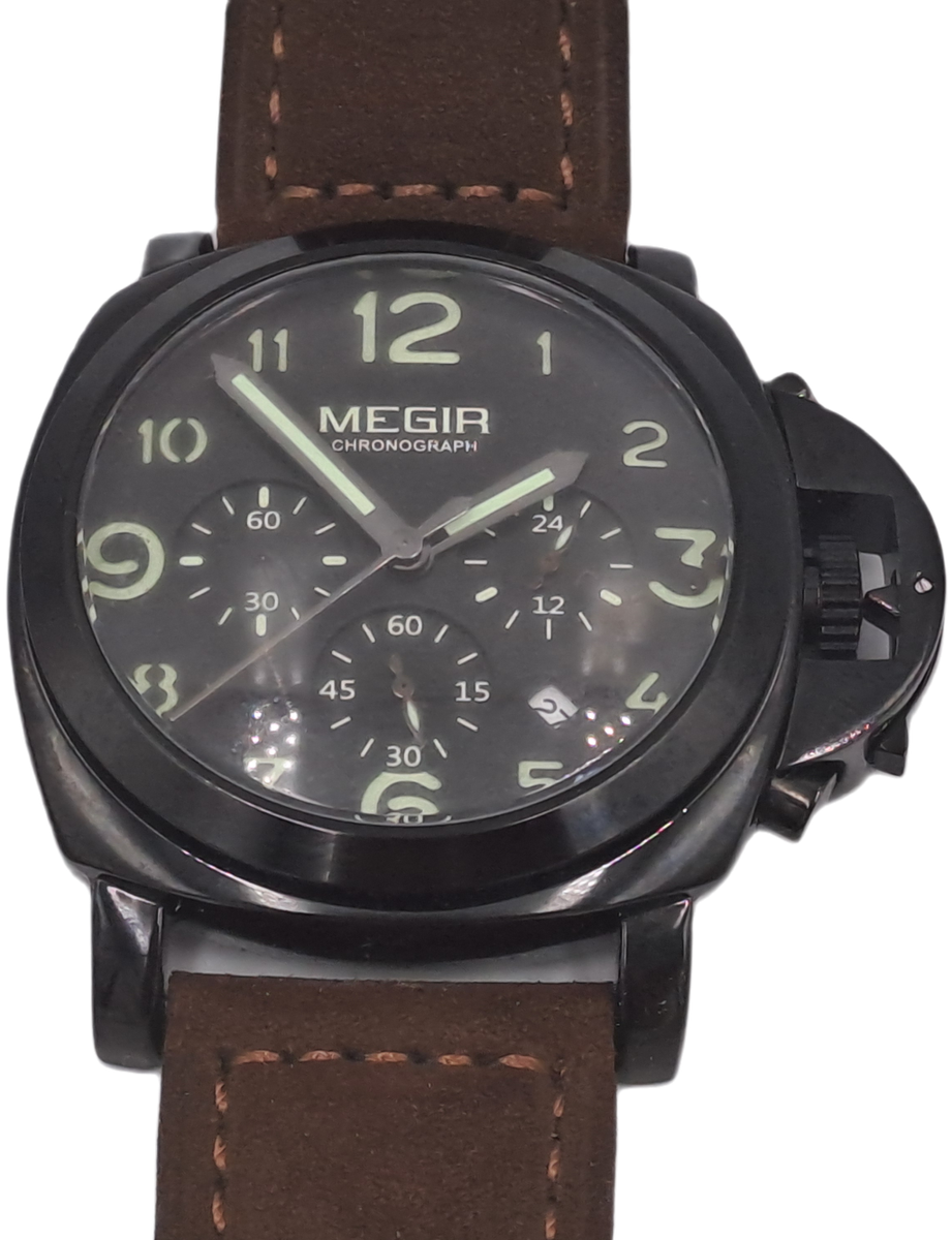 Megir Mens Quartz watch with Leather strap -Large Face-Working