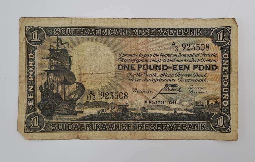 J. Postmus 1941 A113 Prefix - South Africa One Pound -Een Pond Bank note Circulated