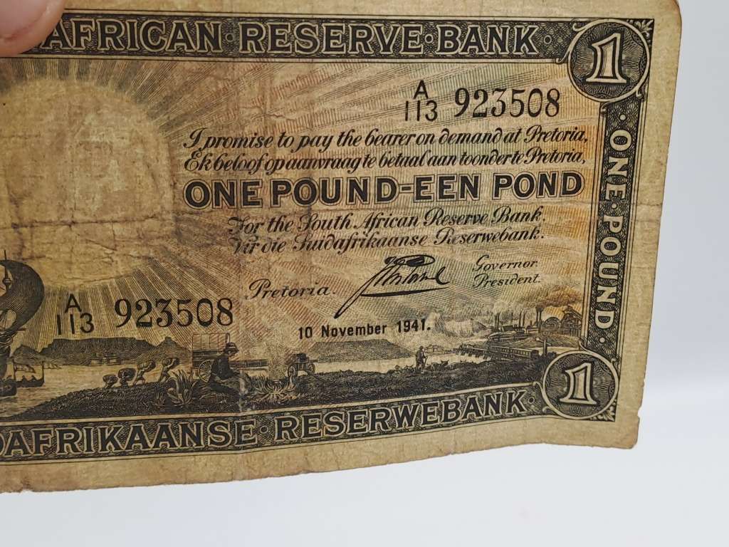 J. Postmus 1941 A113 Prefix - South Africa One Pound -Een Pond Bank note Circulated