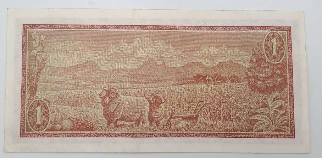 1975 TW de Jongh South Africa 1 Rand -Afrikaans - English Prefix B395 -Bank Note