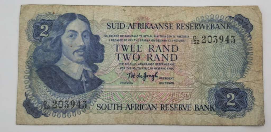 1976 TW de Jongh South Africa 2 Rand- D152-Prefix D6 -Bank Note