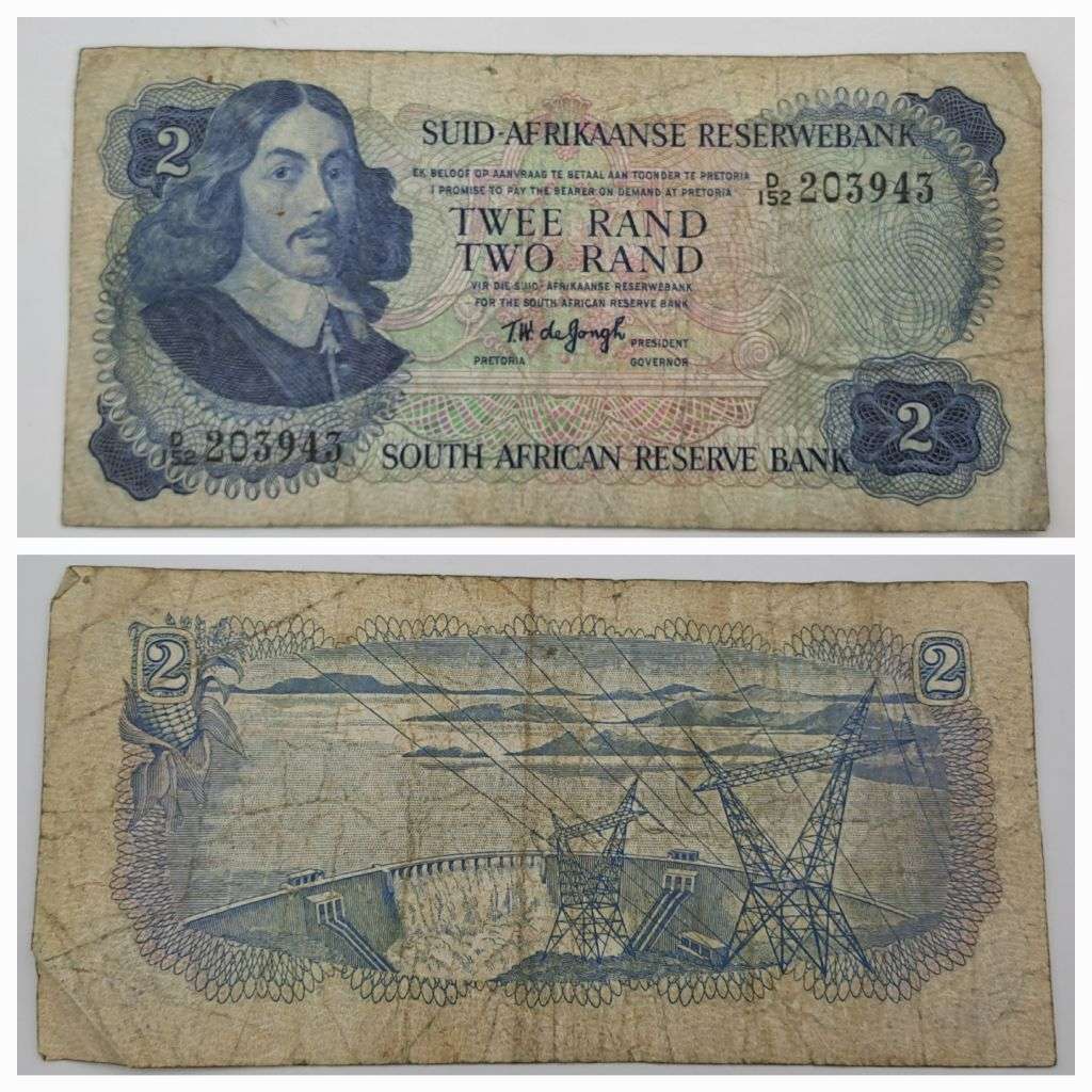 1976 TW de Jongh South Africa 2 Rand- D152-Prefix D6 -Bank Note