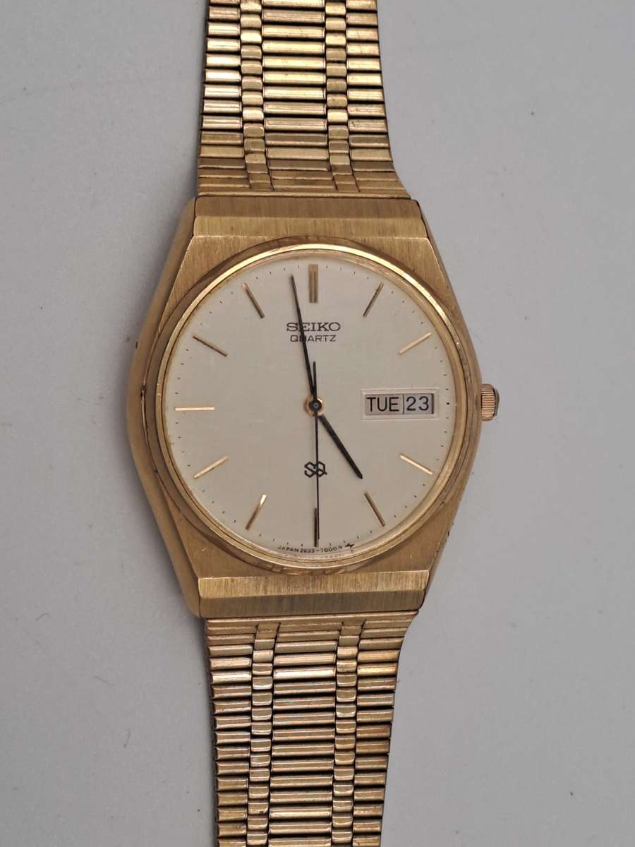 Vintage 1979 Seiko Mens Day-Date Quartz Gold Tone Watch- Working