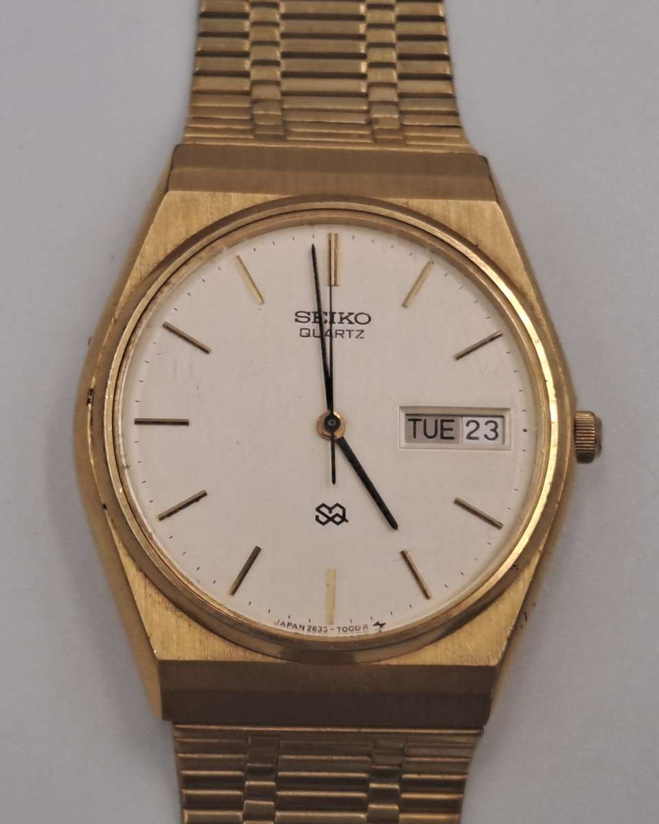 Vintage 1979 Seiko Mens Day-Date Quartz Gold Tone Watch- Working