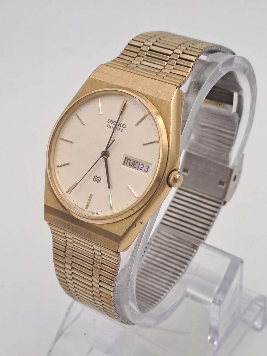 Vintage 1979 Seiko Mens Day-Date Quartz Gold Tone Watch- Working