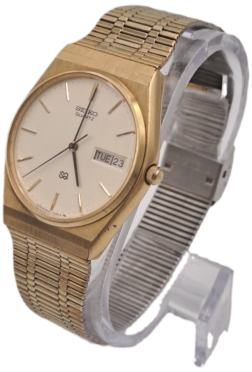 Vintage 1979 Seiko Mens Day-Date Quartz Gold Tone Watch- Working