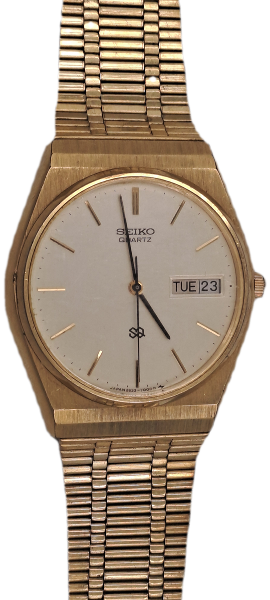 Vintage 1979 Seiko Mens Day-Date Quartz Gold Tone Watch- Working
