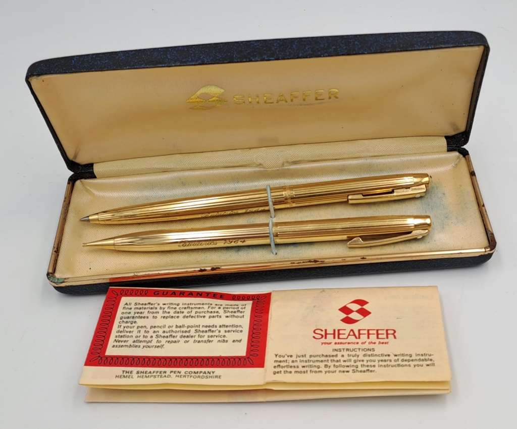 Vintage white dot Sheaffer Gold Electroplated  Ballpoint Pen and pencil - In Case-Ink ok- ENGRAVED