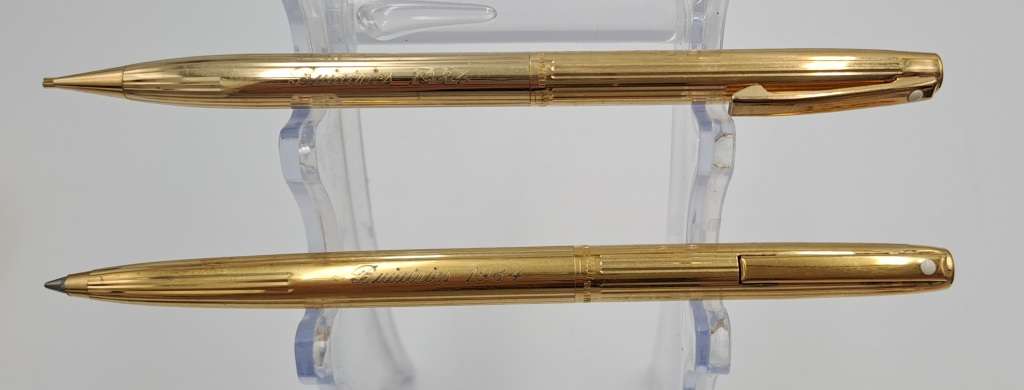 Vintage white dot Sheaffer Gold Electroplated  Ballpoint Pen and pencil - In Case-Ink ok- ENGRAVED