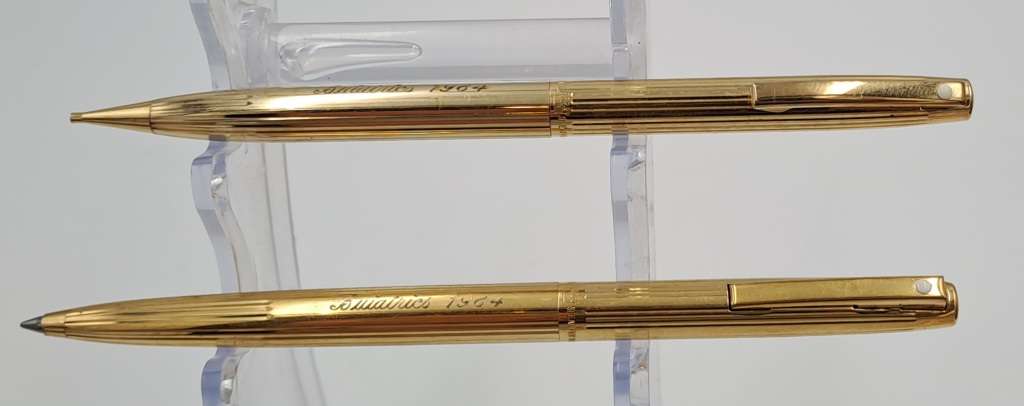 Vintage white dot Sheaffer Gold Electroplated  Ballpoint Pen and pencil - In Case-Ink ok- ENGRAVED