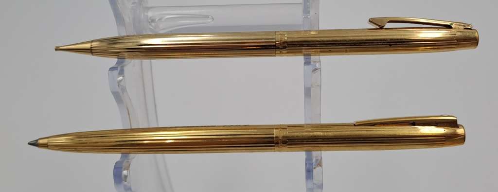 Vintage white dot Sheaffer Gold Electroplated  Ballpoint Pen and pencil - In Case-Ink ok- ENGRAVED
