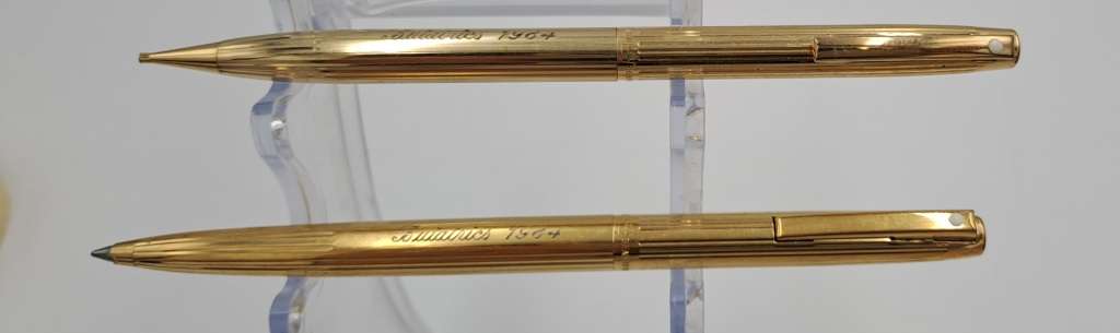 Vintage white dot Sheaffer Gold Electroplated  Ballpoint Pen and pencil - In Case-Ink ok- ENGRAVED