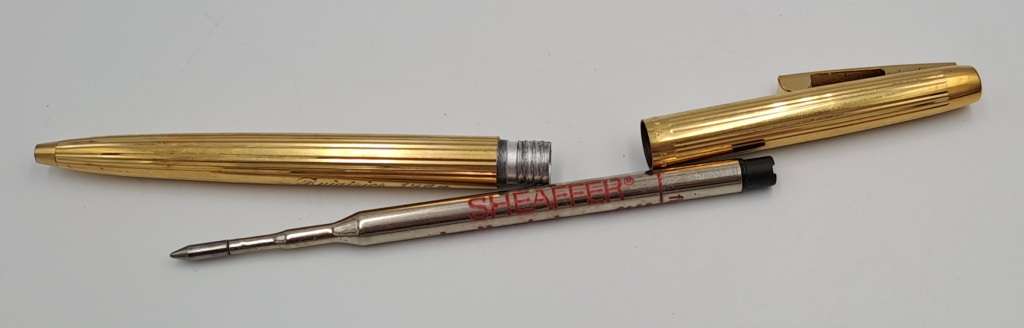 Vintage white dot Sheaffer Gold Electroplated  Ballpoint Pen and pencil - In Case-Ink ok- ENGRAVED