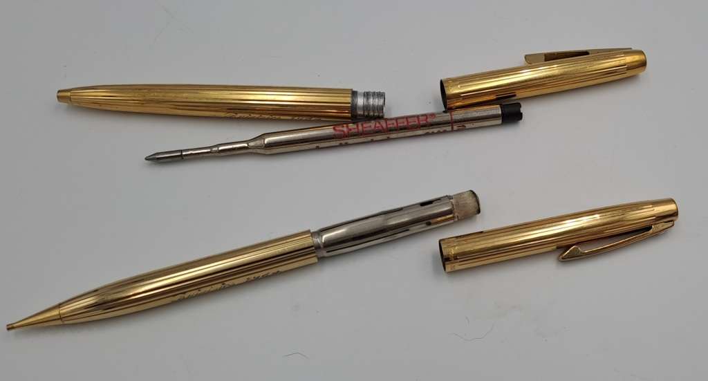 Vintage white dot Sheaffer Gold Electroplated  Ballpoint Pen and pencil - In Case-Ink ok- ENGRAVED