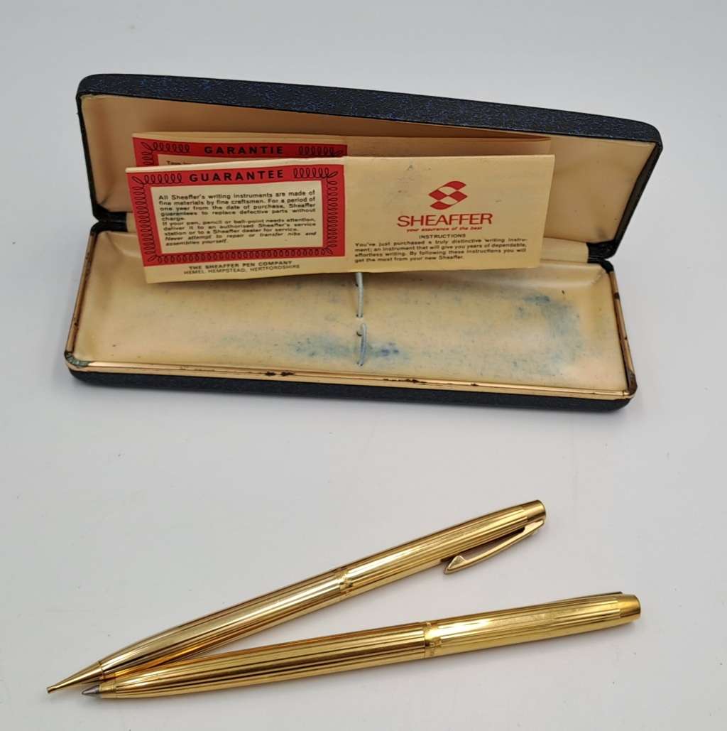 Vintage white dot Sheaffer Gold Electroplated  Ballpoint Pen and pencil - In Case-Ink ok- ENGRAVED