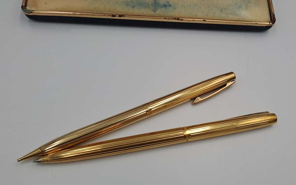 Vintage white dot Sheaffer Gold Electroplated  Ballpoint Pen and pencil - In Case-Ink ok- ENGRAVED