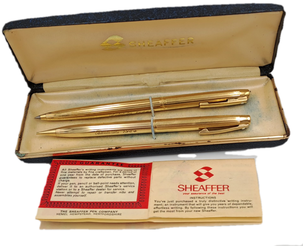 Vintage white dot Sheaffer Gold Electroplated  Ballpoint Pen and pencil - In Case-Ink ok- ENGRAVED