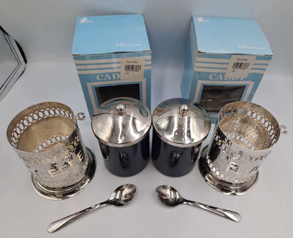 Vintage Silver-plated Filigree Tea and Coffee Caddy`s with blue plastic cups with spoons -boxed